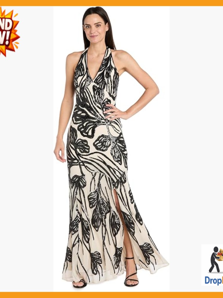 Beaded Halter Evening Gown Formal Maxi Dress Flowing Godet Skirt Elegant